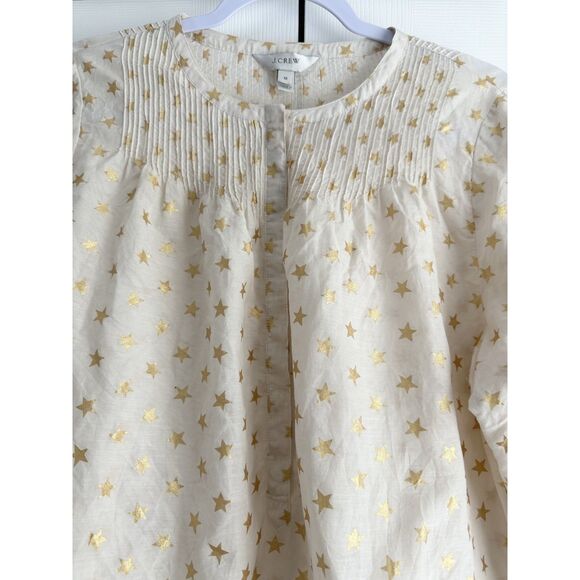 J Crew Blouse Women's Size 12 Metallic Gold Star Silk Cotton Blend - Picture 2 of 11